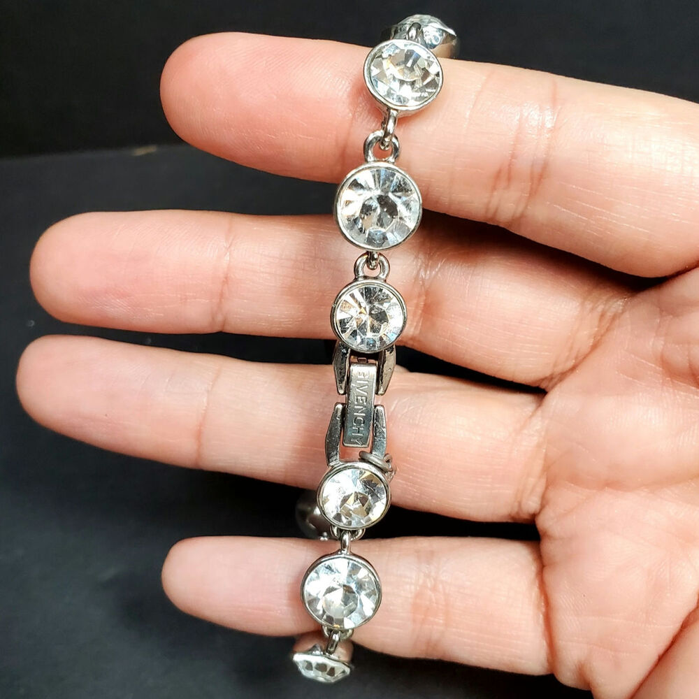 Givenchy Clear Rhinestone Silver Tone Bracelet 3.5" Signed Vtg - Picture 2 of 7